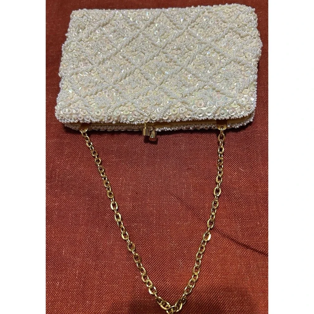 Vintage 50s La Regale Ivory White Beaded Sequin Clutch Bag Purse Gloves Set